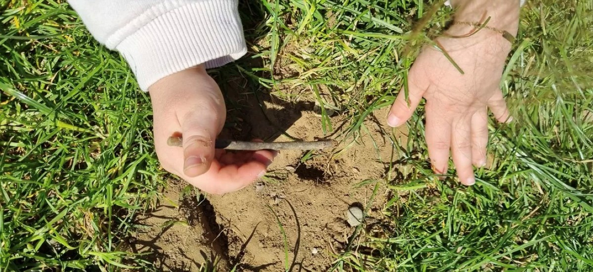 La foto delle mani di un bambino che scava in giardino
