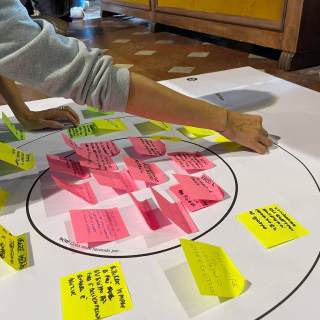 Mano che attacca postit sul cartellone operativo di codesign