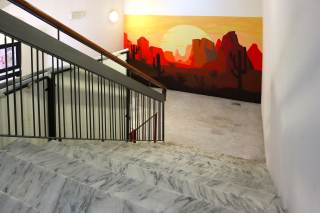 Murales Istituto Livi Brunelleschi - via Galcianese con elementi naturali: canyon al tramonto.